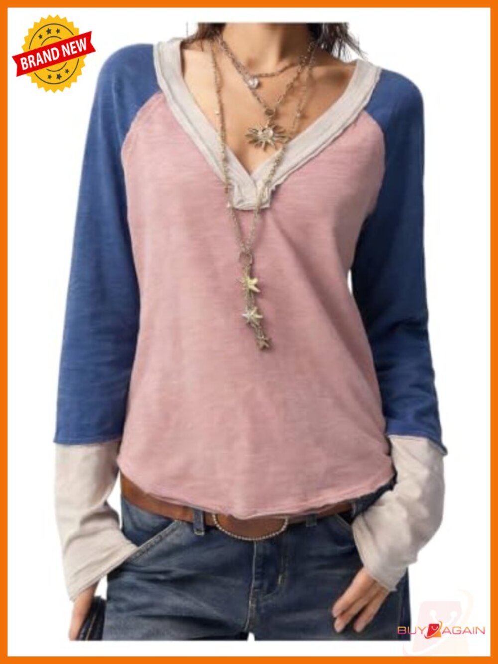 Women's Patchwork Long Sleeve V Neck T-Shirt Boho Fall Top